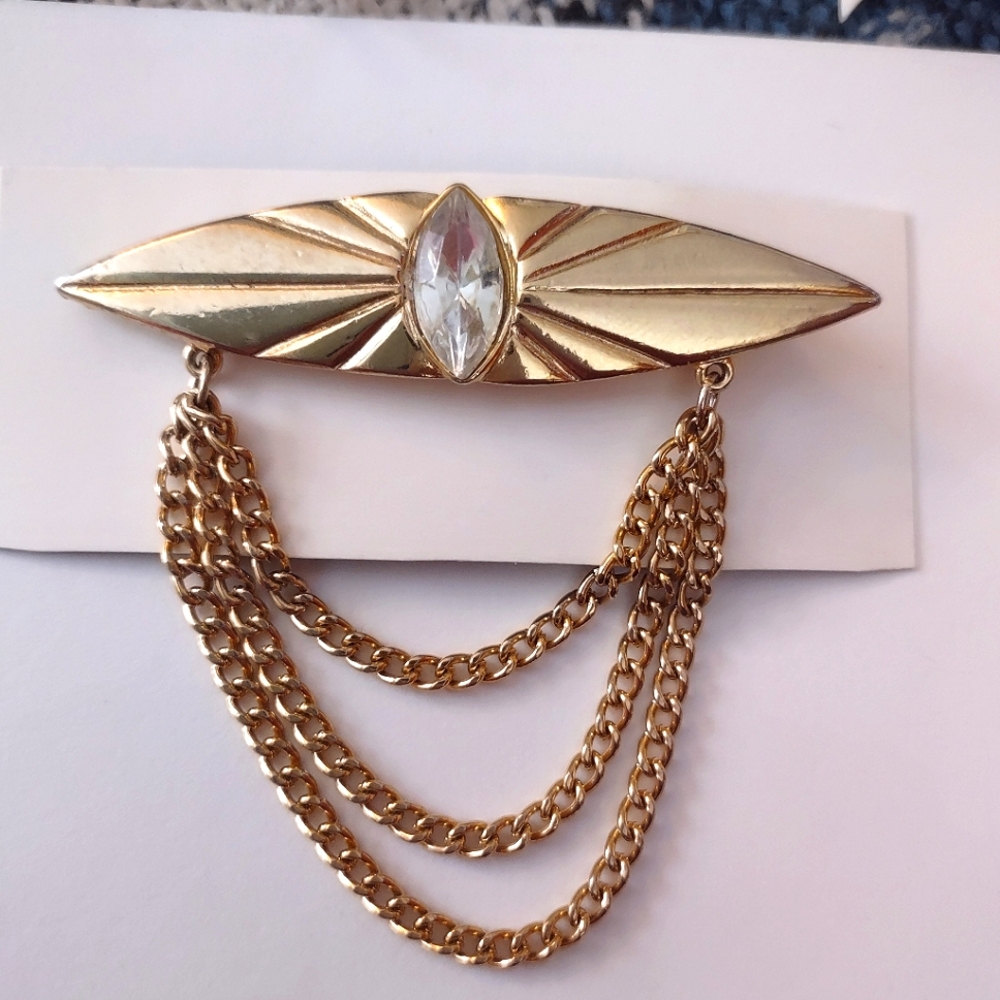 Vintage Gold Metal Brooch w/white Crystal Marquise & Chains